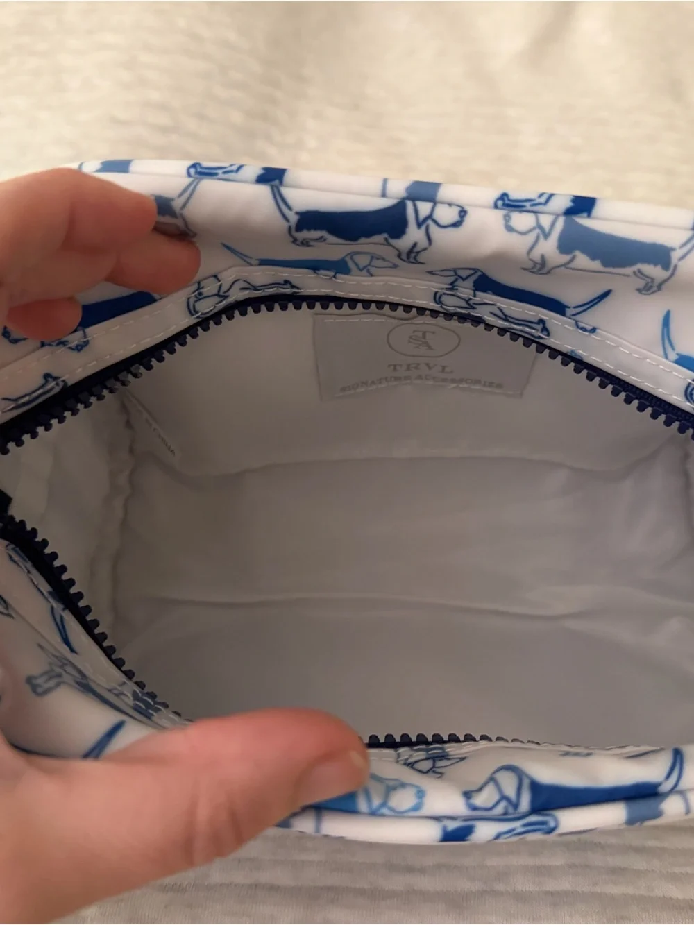 NWT TRVL Blue Dog Print stowaway bag